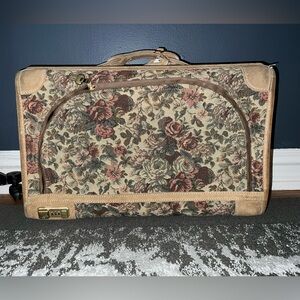French Floral Tapestry Open Front Vintage Suitcase